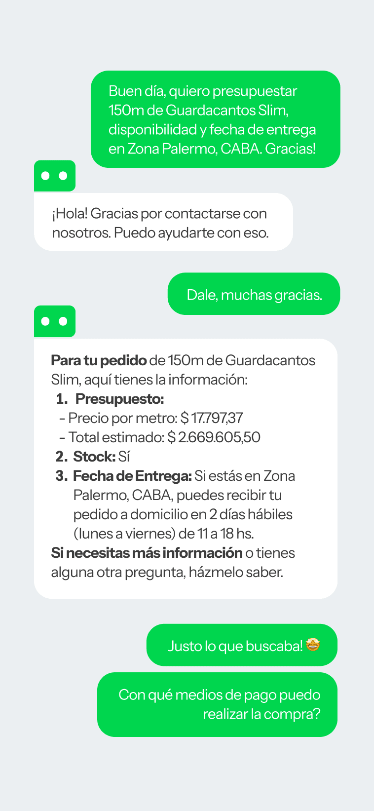 Conversación de WhatsApp: presupuesto de 150m de Guardacantos Slim resuelto por el SmartBot